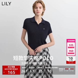 【天猫预售】LILY2026秋新款女装含莱赛尔亚麻POLO领华夫格针织衫