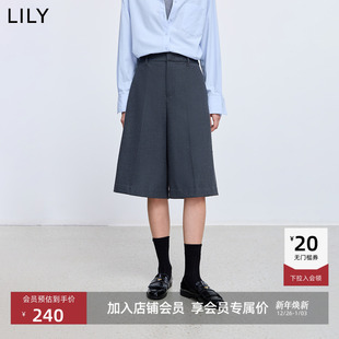 女 休闲裤 LILY2025冬新款 复古简约纯色加绒宽松休闲通勤A字五分裤