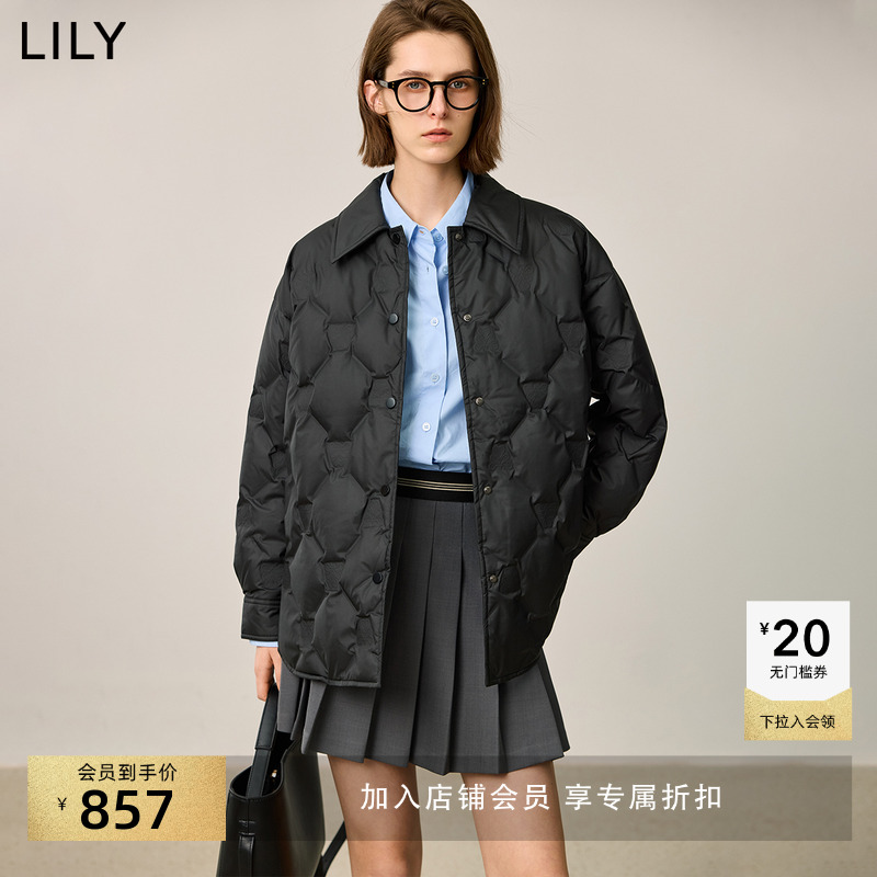 LILY中长款经典格纹羽绒服外套