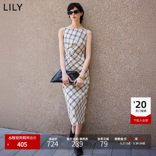 LILY通勤纯棉收腰格纹直筒连衣裙