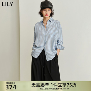 简约竖条纹垂坠感长袖 翻领宽松衬衣上衣女 衬衫 女装 LILY2024春新款