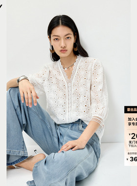 LILY2026夏新款女装莱赛尔混纺法式V领蕾丝七分袖白色套头雪纺衫