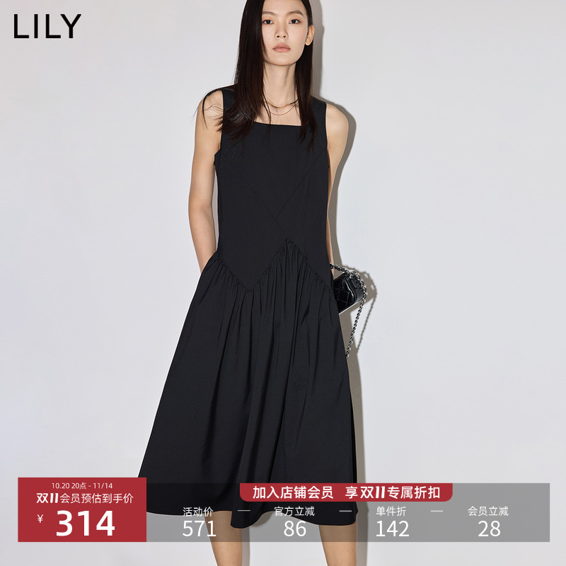 法式方领收腰连衣裙LILY小黑裙