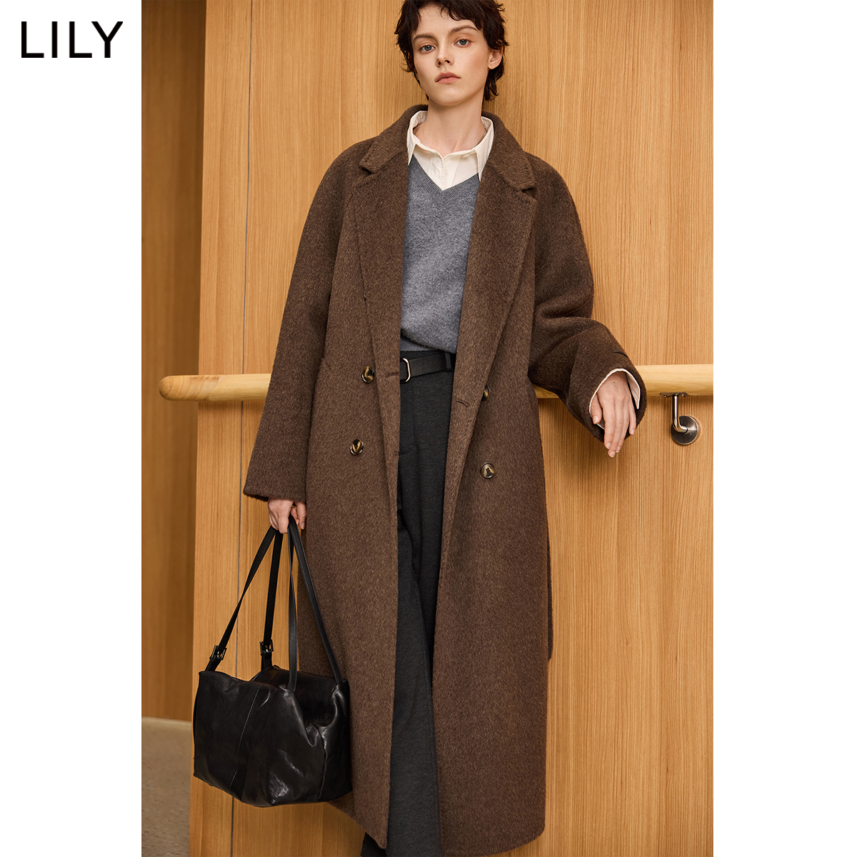 【商场同款】LILY2024冬新款女装绵羊毛极简风毛呢大衣外套女长款