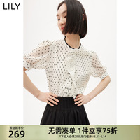 LILY夏新款女装别致洋气褶皱复古时髦波点不对称宽松透气衬衫