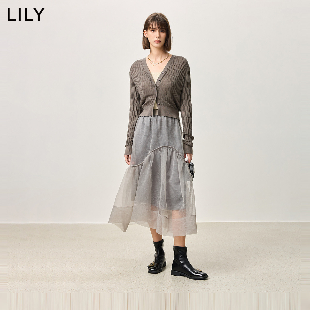 【商场同款】LILY2025春新款女装格雷系V领针织衫纱裙半身裙