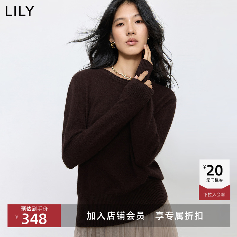 LILY2025秋新款女装兔绒羊毛混纺手工编织圆领套头通勤针织衫毛衣