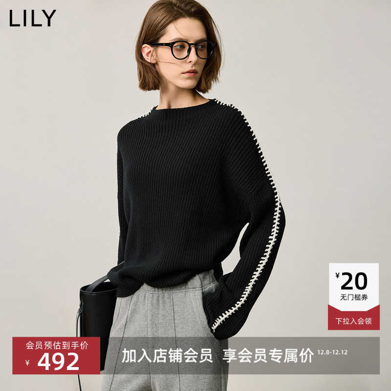 LILY羊毛混纺套头圆领撞色针织衫