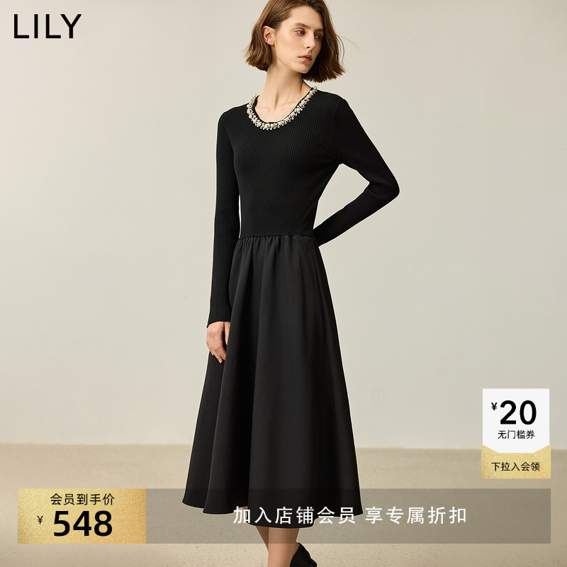 重工钉珠拼接LILY收腰A字连衣裙