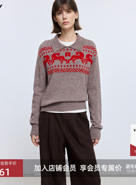 LILY2025冬新款羊毛混纺撞色小马几何提花费尔岛翻领针织衫毛衣女