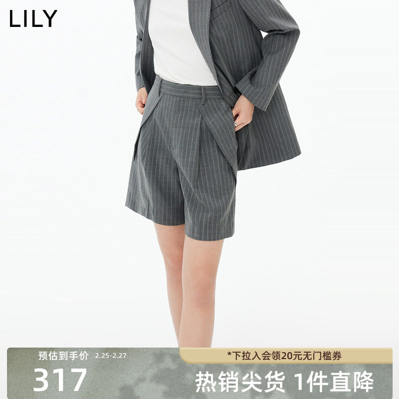 LILY2023秋新款女装绵羊毛复古时尚条纹高腰显瘦A字西装休闲短裤