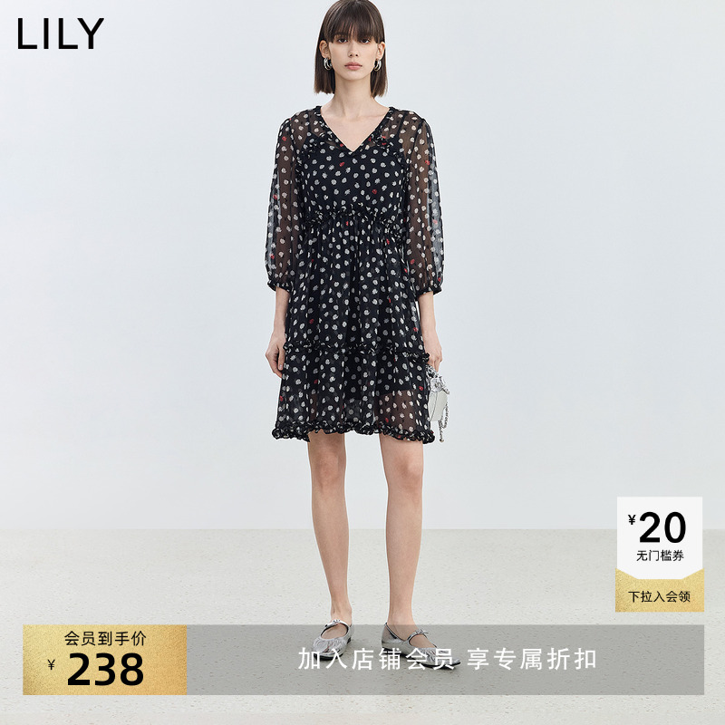 【商场同款】LILY夏款A字型轻薄飘逸浪漫印花垂坠法式连衣裙