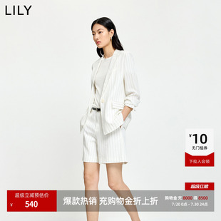 LILY2026夏新款女装含亚麻老钱风条纹垫肩宽松廓形浅色西装外套