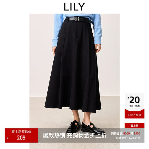 【商场同款】LILY2025新款女装全棉百搭通勤黑色A字半身裙伞裙