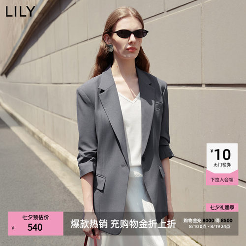 LILY2026夏新款复古经典竖条纹驳领七分袖修身收腰西装外套女西服