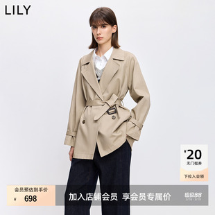 LILY2026春新款老钱风女装上衣翻领休闲通勤收腰风衣外套女中长款