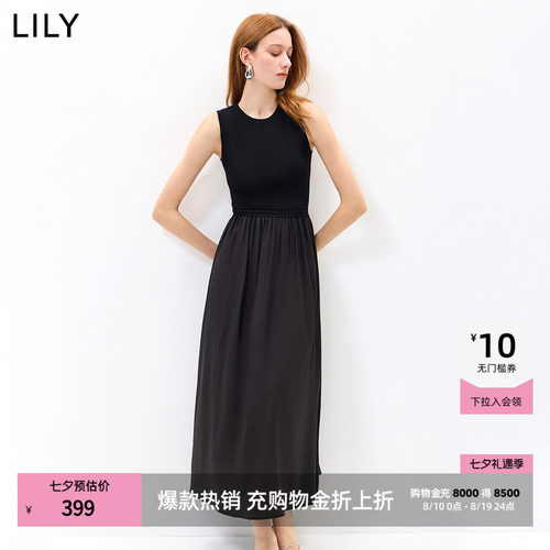 LILY2026夏新款含醋酸复古拼接休闲通勤黑色无袖圆领套头连衣裙女