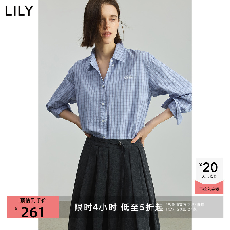 LILY通勤短款纯棉学院风格纹衬衫