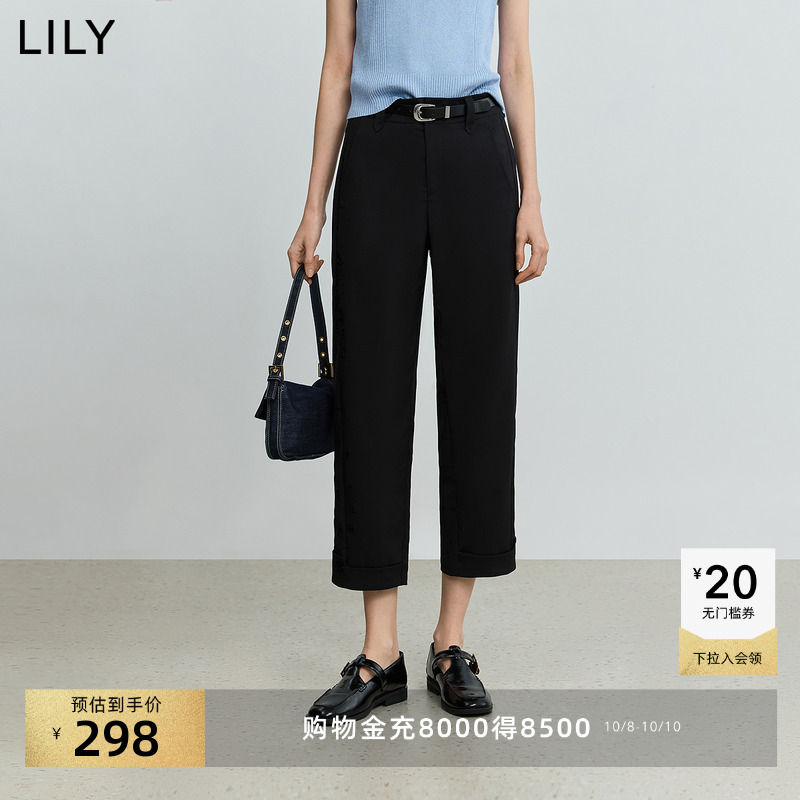 LILY2025新款女装高腰显瘦黑色休闲裤直筒九分裤轻薄通勤西装裤