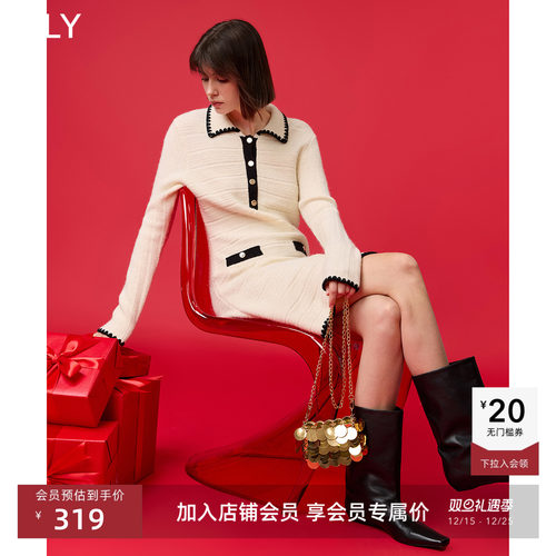 LILY针织小香风翻领修身连衣裙