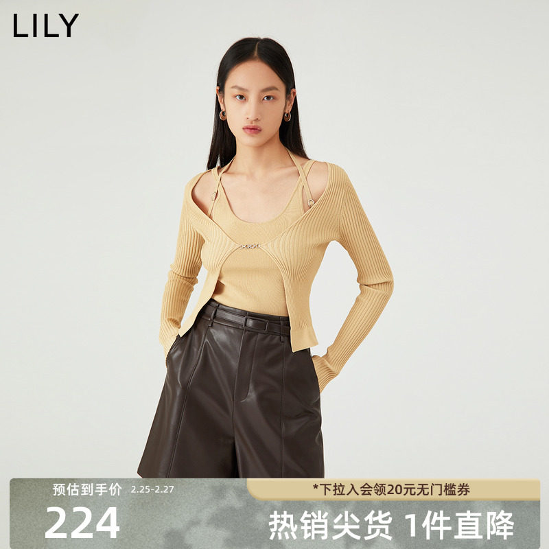 【商场同款】LILY新款女装时尚通勤款高腰显瘦皮质休闲短裤