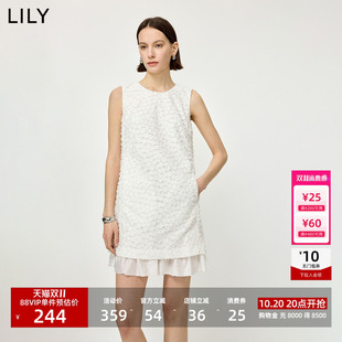 LILY2026夏新款女装含莱赛尔亚麻欧根纱肌理感无袖圆领白色连衣裙