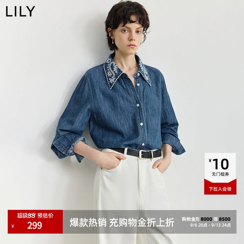 LILY通勤棉麻牛仔镂空复古衬衫