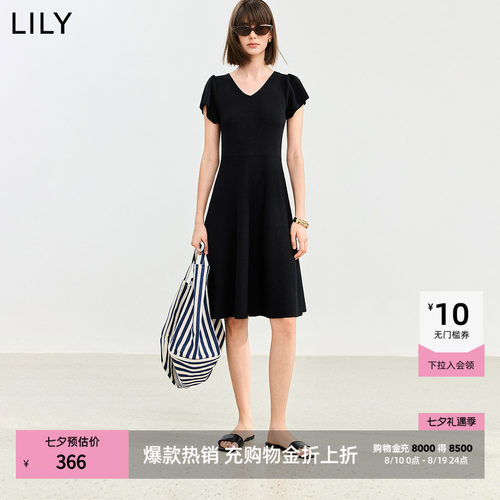LILY通勤收腰莱赛混纺短袖连衣裙