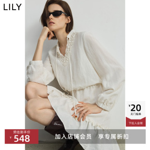 LILY2025秋新款 重工花边褶皱V领收腰连衣裙女 莱赛尔亚麻混纺法式
