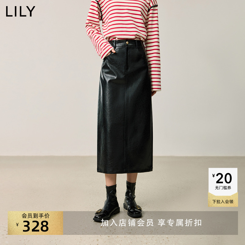 LILY极简风气质开叉直筒皮裙