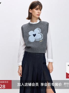 LILY2026春新款女装羊毛混纺格雷系幸运花嵌花灰色针织衫背心马甲