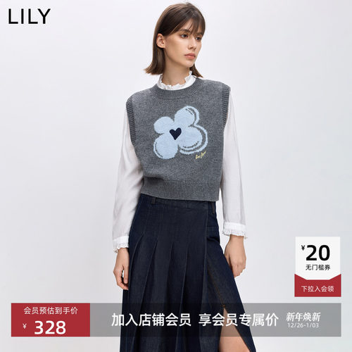 LILY幸运花格雷系灰色针织马甲