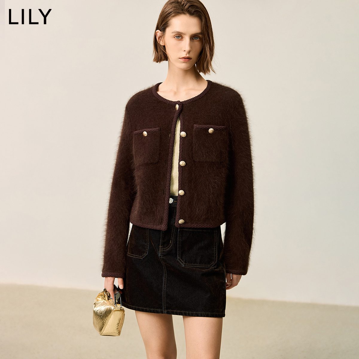 【商场同款】LILY2024冬新款女装复古美拉德气质小香风开衫外套女