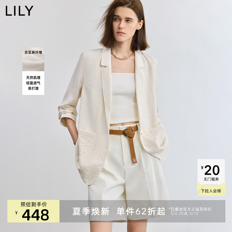 LILY2025夏新款女装含亚麻简约宽松休闲百搭通勤薄款白色西装外套
