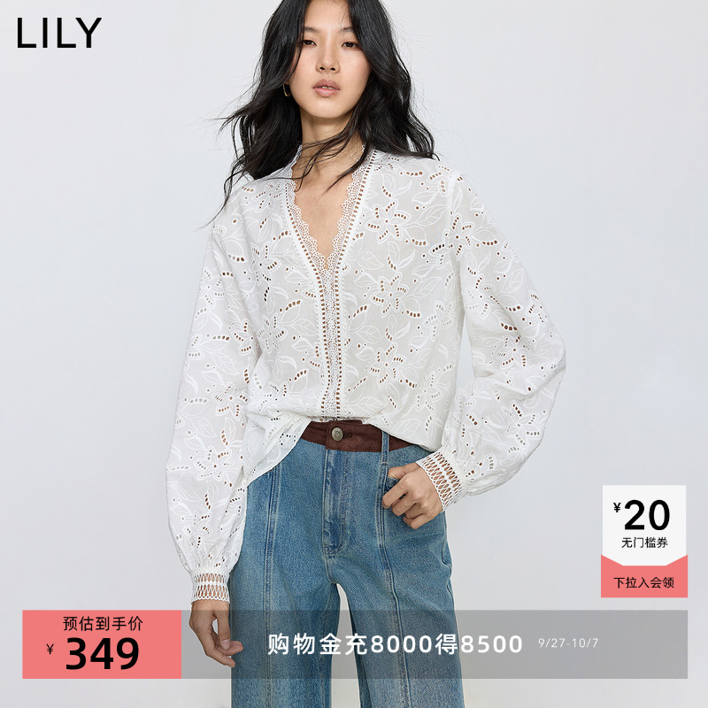 LILY法式镂空通勤蕾丝纯棉套头衫