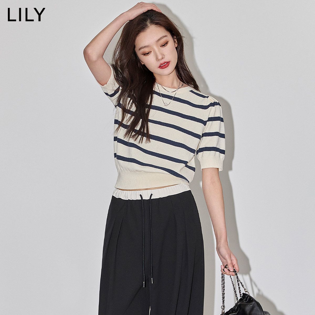 LILY2026夏新款复古条纹休闲通勤气质泡泡袖修身短款针织衫女毛衣