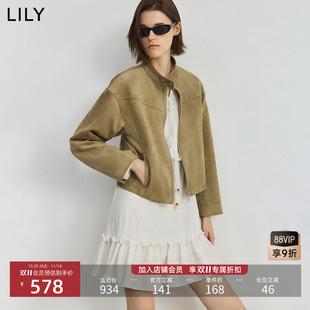 LILY2025秋新款 复古机车风立领气质休闲通勤卡其色夹克外套女短款