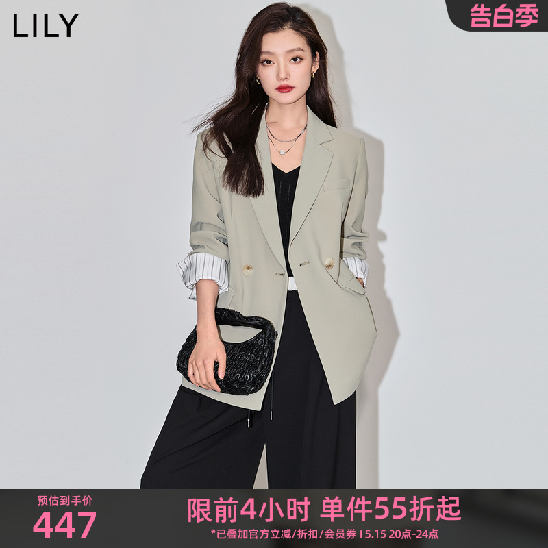 LILY2024春新款女装都市通勤款撞色条纹复古双排扣休闲西装外套女