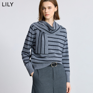 100%美丽诺羊毛LILY2025冬新款女装含围巾撞色条纹通勤灰色针织衫
