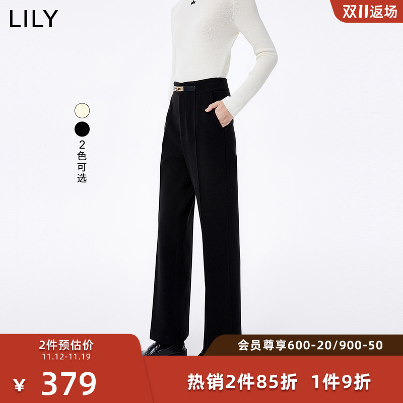 LILY2023冬新款女装通勤款别致腰扣显瘦高腰直筒阔腿西装裤休闲裤