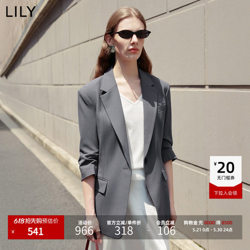 LILY2026夏新款复古经典竖条纹驳领七分袖修身收腰西装外套女西服