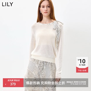 LILY2026秋新款设计感简约丝巾圆领休闲通勤白色长袖套头针织衫女