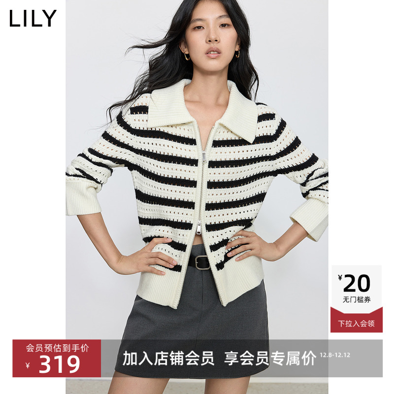 LILY通勤撞色拉链镂空针织开衫