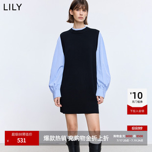 LILY2026春新款复古拼接条纹长袖气质通勤深色直筒裙针织连衣裙女