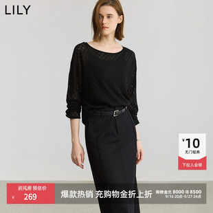 【商场同款】LILY2025新款女装含羊绒羊毛镂空一字领黑色针织衫