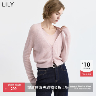 LILY2026秋新款女装羊毛混纺松弛感假两件V领休闲通勤套头针织衫