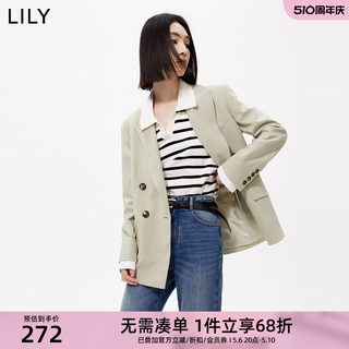 LILY新款女装别致洋气假两件复古双排扣时尚纯色款西装外套