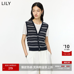 LILY2026夏新款 针织衫 女 含莱赛尔亚麻复古假两件条纹马甲圆领短袖