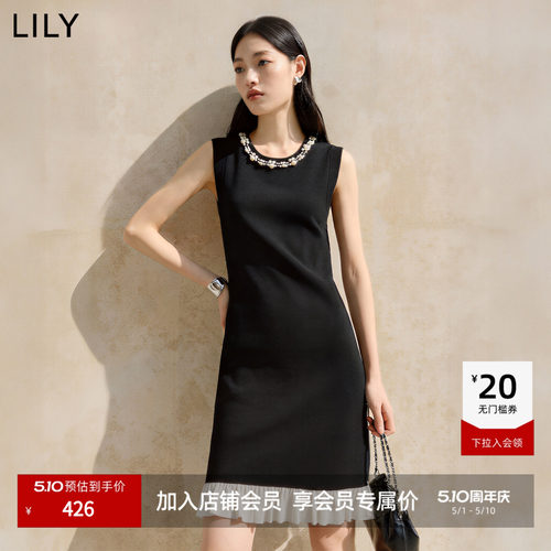 LILY通勤撞色钉珠无袖圆领连衣裙
