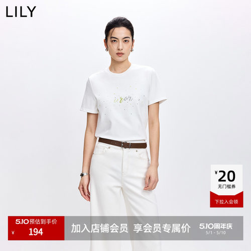 LILY通勤撞色珠片新款刺绣短袖T